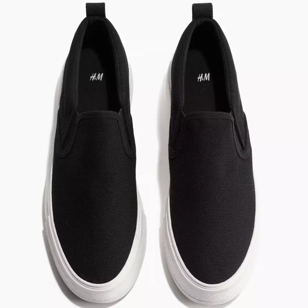 H & M slip on black shoes cotton canvas, padded edges, elasticized side panel 8